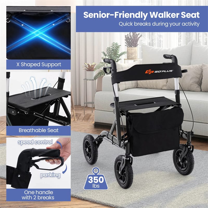 Foldable Rolling Walker with 9.5" All Terrain Pneumatic Wheel, Heavy Duty Height Adjustable Rollator Walker with Seat for Seniors