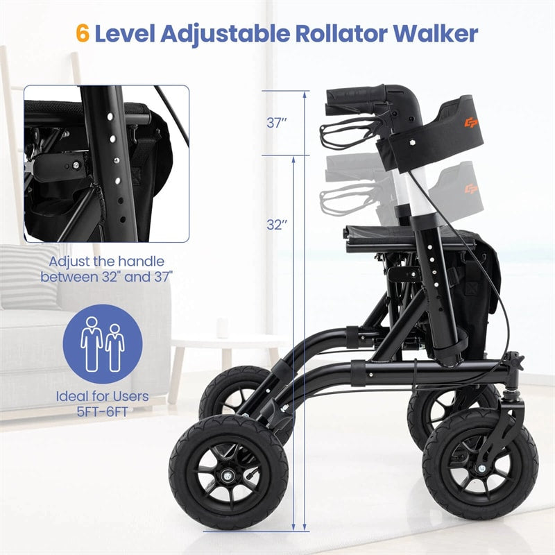 Foldable Rolling Walker with 9.5" All Terrain Pneumatic Wheel, Heavy Duty Height Adjustable Rollator Walker with Seat for Seniors