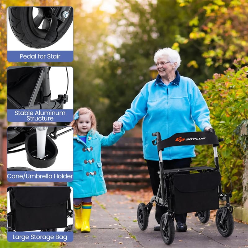 Foldable Rolling Walker with 9.5" All Terrain Pneumatic Wheel, Heavy Duty Height Adjustable Rollator Walker with Seat for Seniors