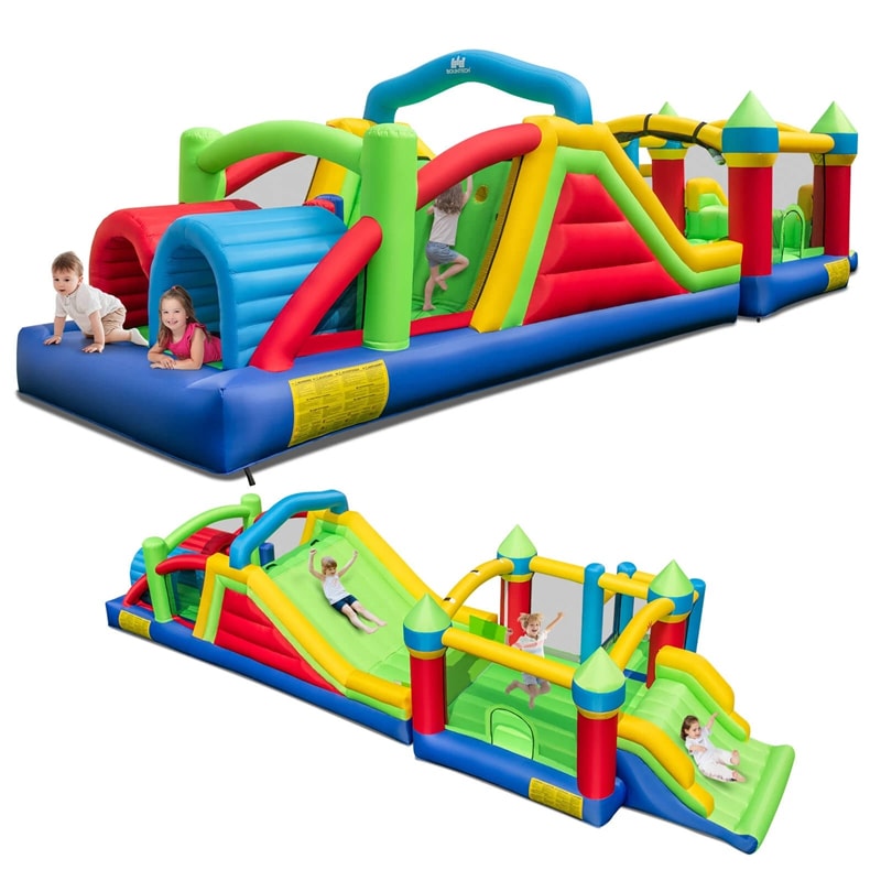 Inflatable Obstacle Course Bounce House w/ Dual Slides, Tunnels & Bounce Area, Huge Sectional Bouncy Castle for Big Kids Backyard