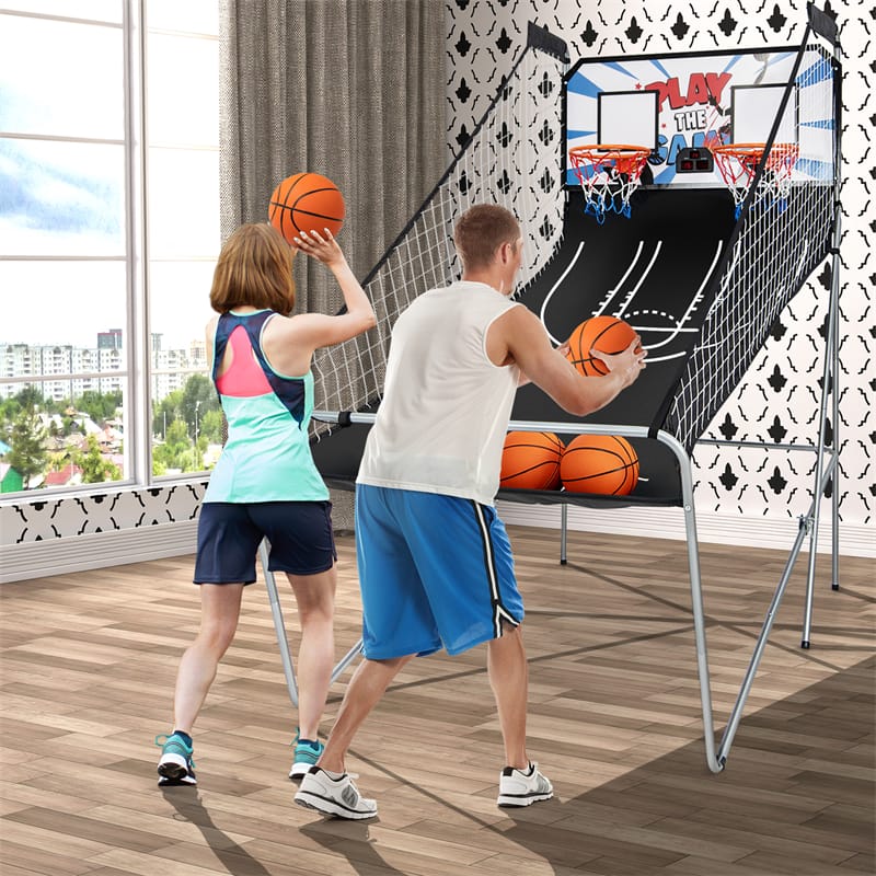 2 Player Foldable Basketball Arcade Game with 4 Balls, Indoor Double Shot Electronic Basketball Game