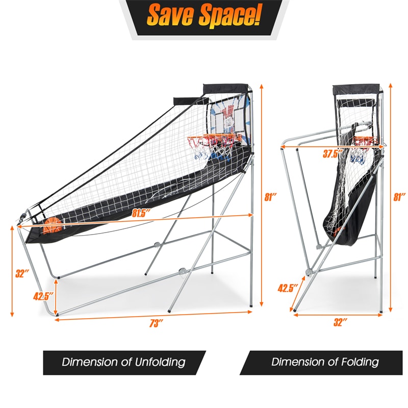 2 Player Foldable Basketball Arcade Game with 4 Balls, Indoor Double Shot Electronic Basketball Game