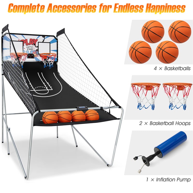 2 Player Foldable Basketball Arcade Game with 4 Balls, Indoor Double Shot Electronic Basketball Game