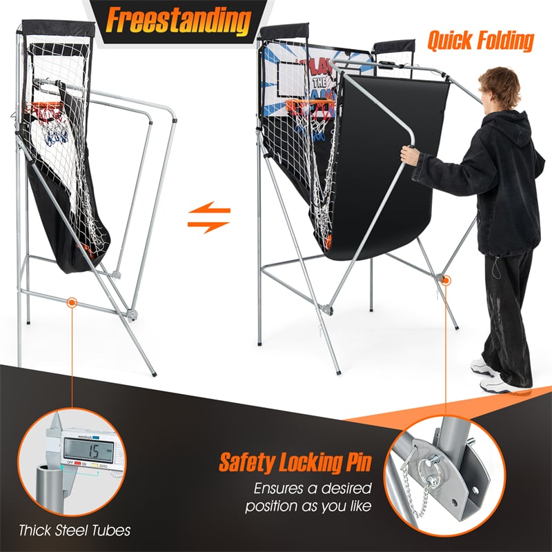 2 Player Foldable Basketball Arcade Game with 4 Balls, Indoor Double Shot Electronic Basketball Game