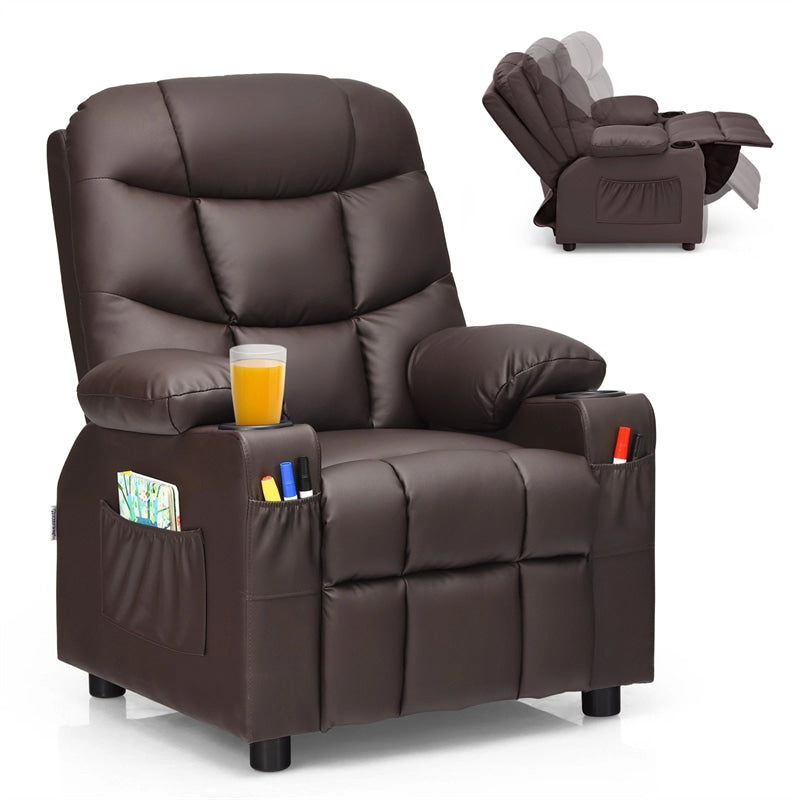 Kids Recliner Chair PU Leather Adjustable Lounge Sofa with Cup Holder, 3 Pockets & Retractable Footrest, Ergonomic Toddler Furniture Sofa