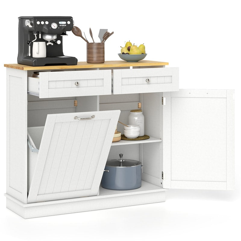 Kitchen Tilt Out Trash Cabinet, Buffet Sideboard w/ Trash Can Holder, 2 Drawers, Rubberwood Countertop & Adj. Shelves, Pet Proof Laundry Hamper