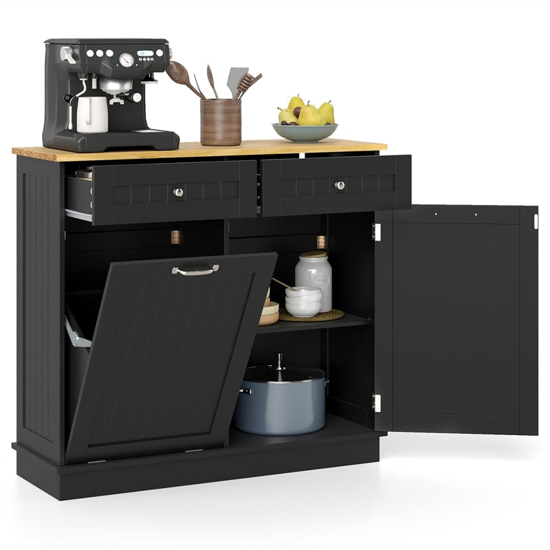 Kitchen Tilt Out Trash Cabinet, Buffet Sideboard w/ Trash Can Holder, 2 Drawers, Rubberwood Countertop & Adj. Shelves, Pet Proof Laundry Hamper