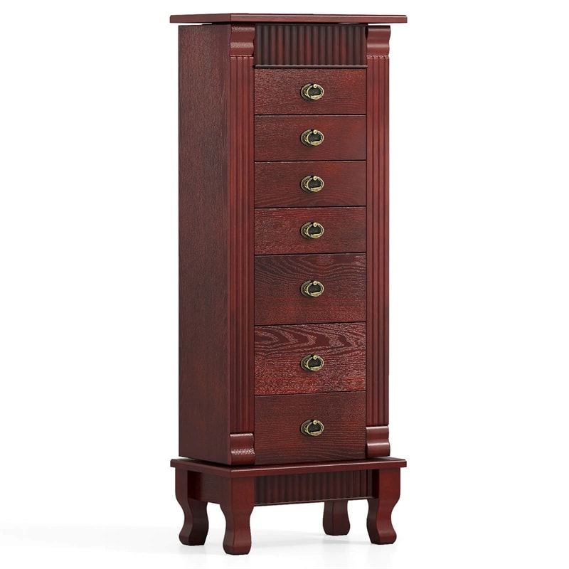 Large Standing Jewelry Armoire Cabinet Wooden Storage Chest with 7 Drawers, 2 Side Doors, 12 Hooks, Flip-Up Mirror & Top Organizer