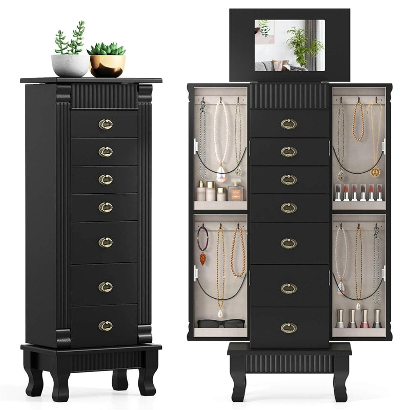Large Standing Jewelry Armoire Cabinet Wooden Storage Chest with 7 Drawers, 2 Side Doors, 12 Hooks, Flip-Up Mirror & Top Organizer