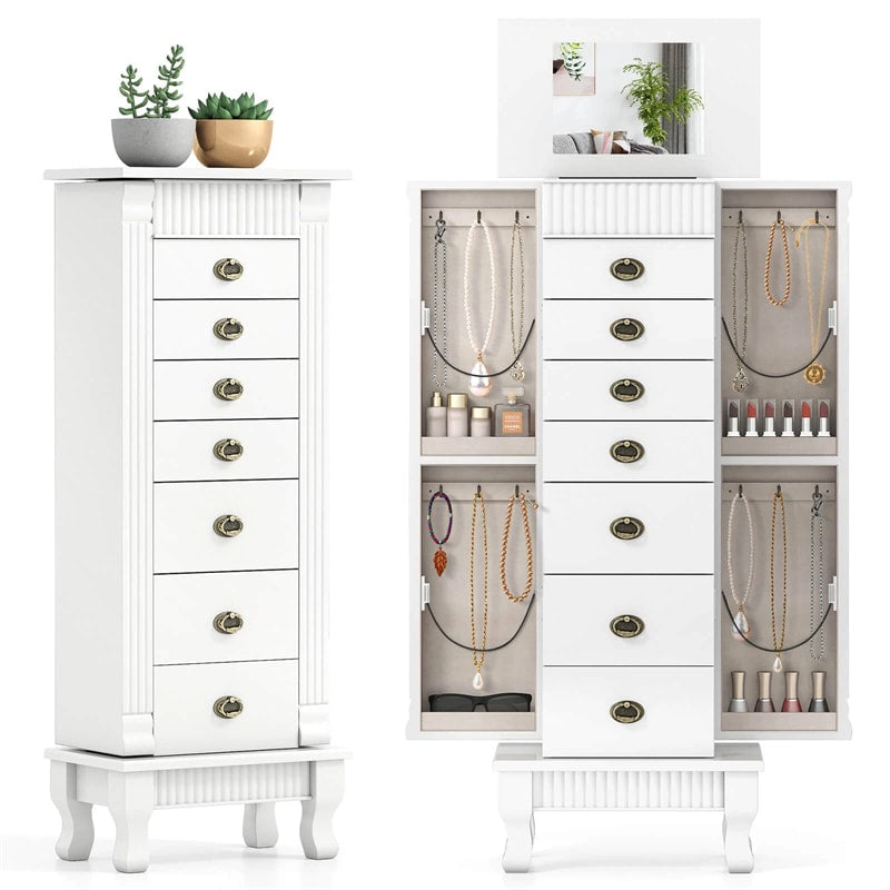 Large Standing Jewelry Armoire Cabinet Wooden Storage Chest with 7 Drawers, 2 Side Doors, 12 Hooks, Flip-Up Mirror & Top Organizer