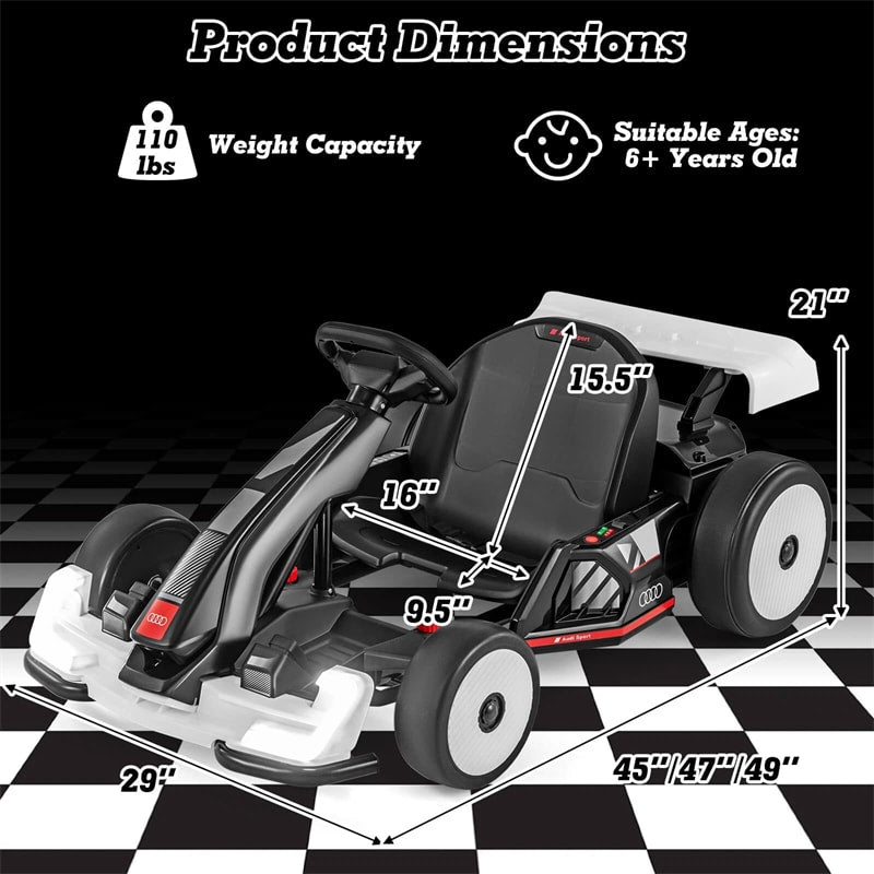 Licensed Audi 24V Kids Go Kart, Length Adjustable Ride on Racing Toy with Drift & Sport Modes, 2x150W Motors, 8 MPH High Speed for Children Ages 6+