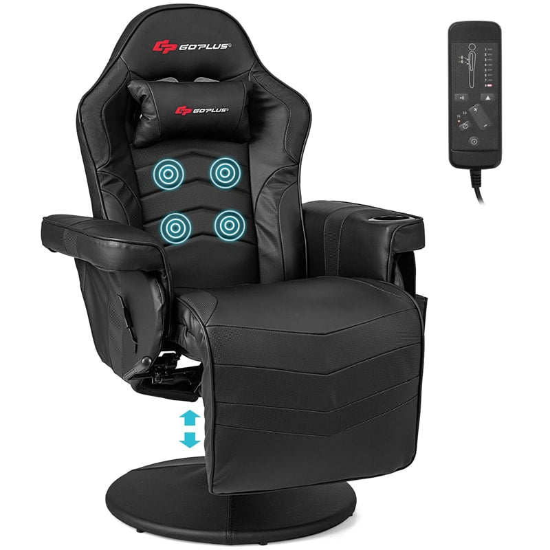 Massage Gaming Recliner Chair w/ Retractable Footrest & Cup Holder, Height Adjustable Racing Style Swivel Video Game Chair Home Theater Seating