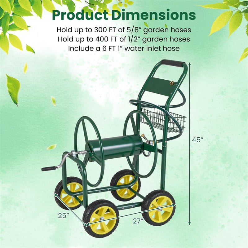 Heavy Duty Metal Garden Hose Reel Cart Holds 300FT of 5/8" Hose with 4 Wheels & Storage Basket, Portable Water Hose Organizer for Yard Lawn