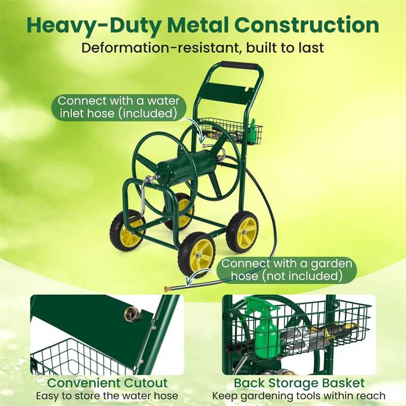 Heavy Duty Metal Garden Hose Reel Cart Holds 300FT of 5/8" Hose with 4 Wheels & Storage Basket, Portable Water Hose Organizer for Yard Lawn