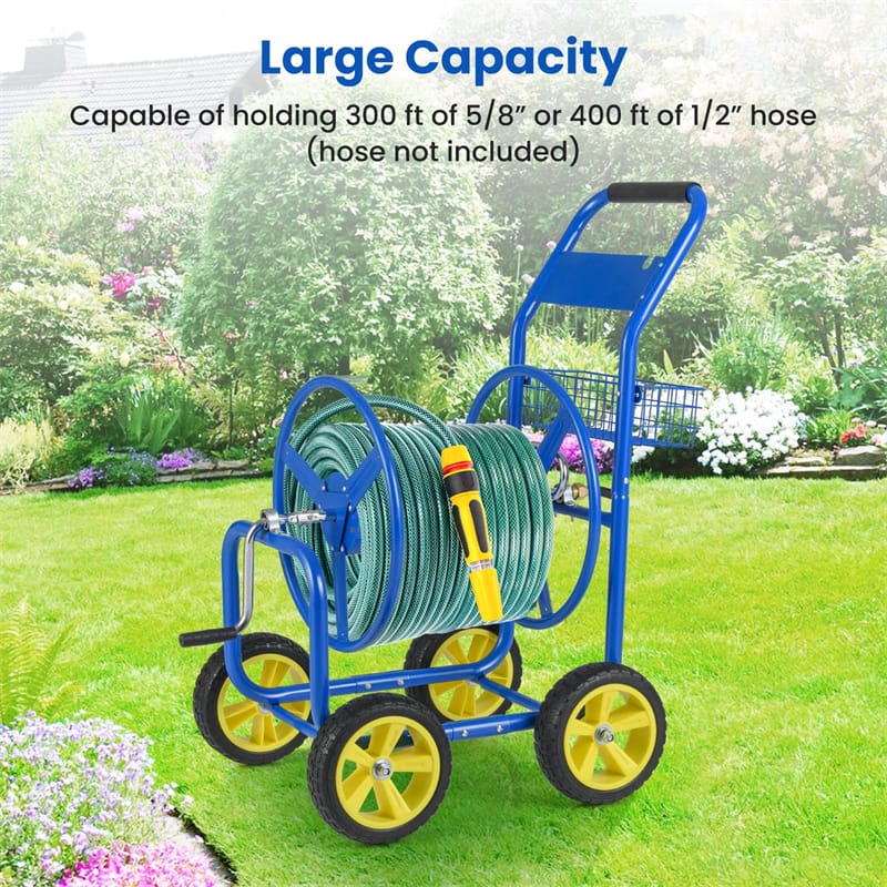 Heavy Duty Metal Garden Hose Reel Cart Holds 300FT of 5/8" Hose with 4 Wheels & Storage Basket, Portable Water Hose Organizer for Yard Lawn