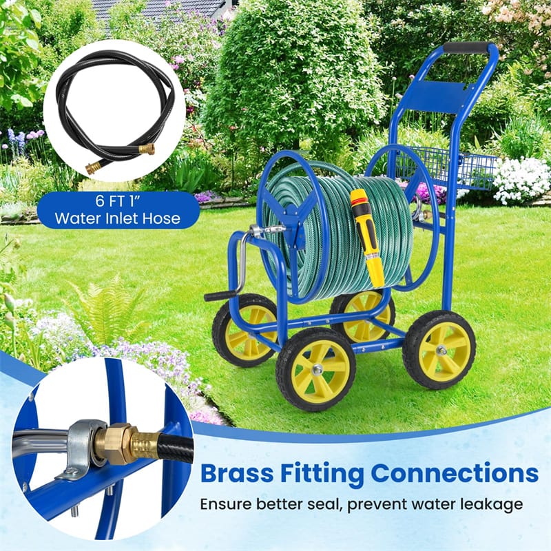 Heavy Duty Metal Garden Hose Reel Cart Holds 300FT of 5/8" Hose with 4 Wheels & Storage Basket, Portable Water Hose Organizer for Yard Lawn
