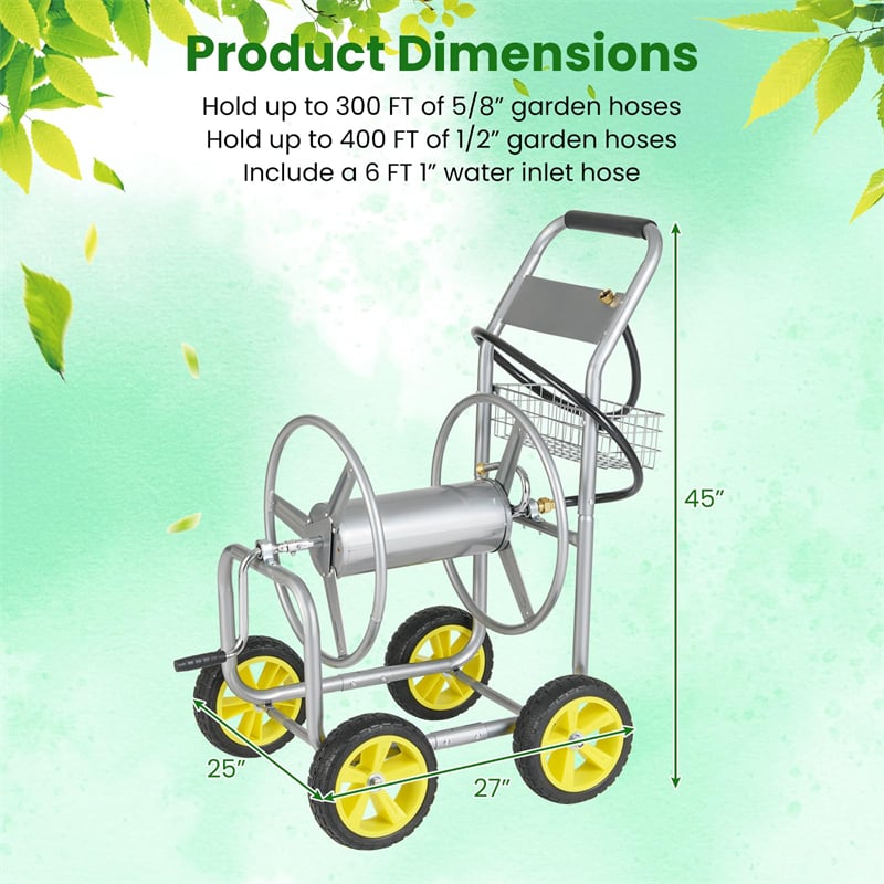 Heavy Duty Metal Garden Hose Reel Cart Holds 300FT of 5/8" Hose with 4 Wheels & Storage Basket, Portable Water Hose Organizer for Yard Lawn
