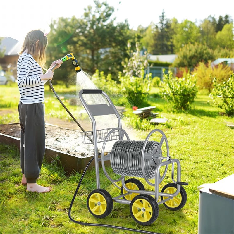 Heavy Duty Metal Garden Hose Reel Cart Holds 300FT of 5/8" Hose with 4 Wheels & Storage Basket, Portable Water Hose Organizer for Yard Lawn