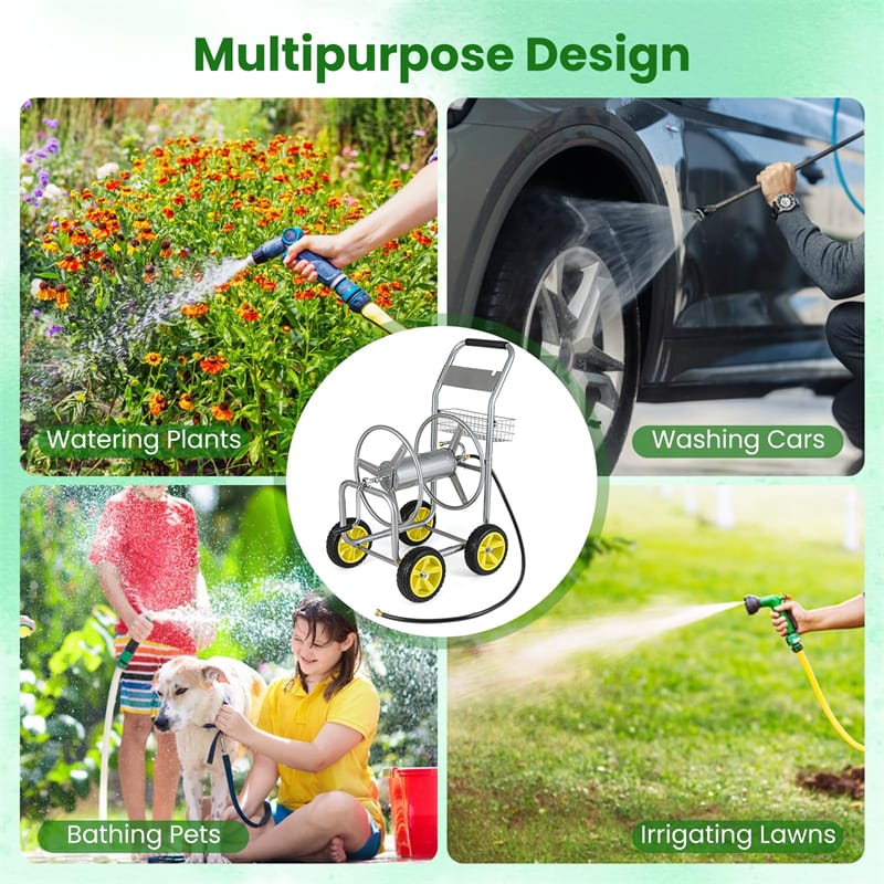Heavy Duty Metal Garden Hose Reel Cart Holds 300FT of 5/8" Hose with 4 Wheels & Storage Basket, Portable Water Hose Organizer for Yard Lawn