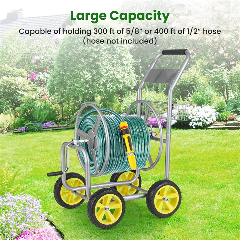 Heavy Duty Metal Garden Hose Reel Cart Holds 300FT of 5/8" Hose with 4 Wheels & Storage Basket, Portable Water Hose Organizer for Yard Lawn