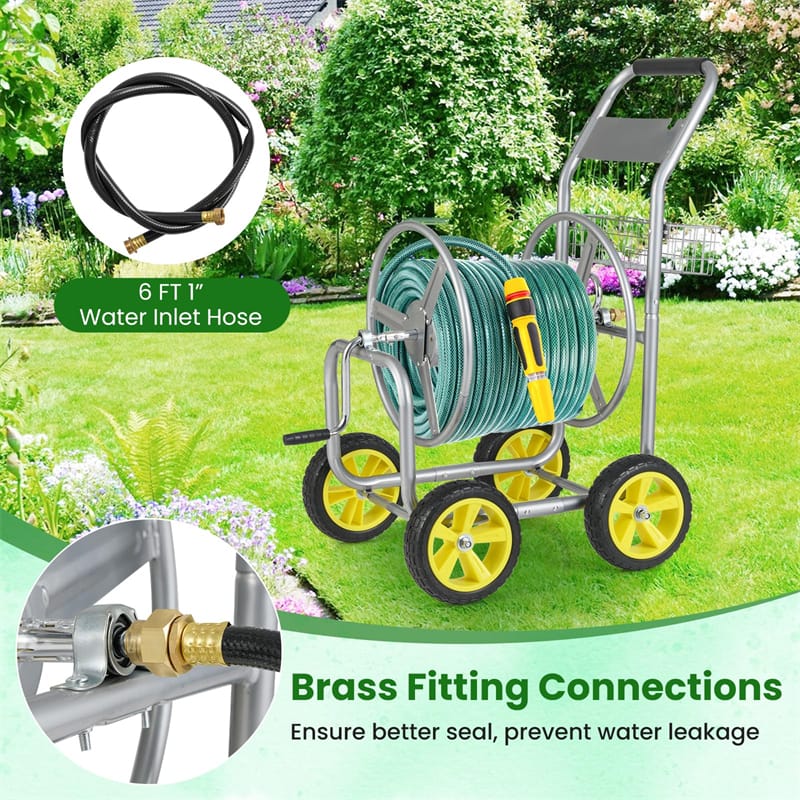 Heavy Duty Metal Garden Hose Reel Cart Holds 300FT of 5/8" Hose with 4 Wheels & Storage Basket, Portable Water Hose Organizer for Yard Lawn