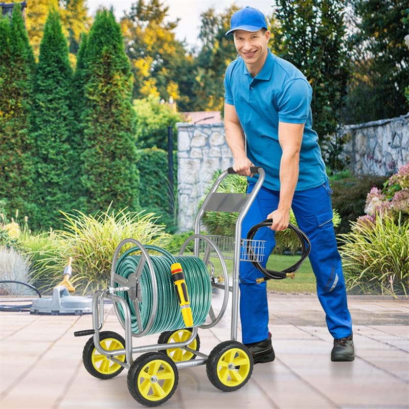 Heavy Duty Metal Garden Hose Reel Cart Holds 300FT of 5/8" Hose with 4 Wheels & Storage Basket, Portable Water Hose Organizer for Yard Lawn