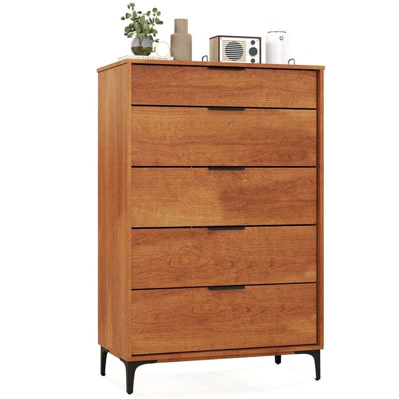 Mid Century Modern 5-Drawer Dresser, Wooden Chest of Drawers with Interlock System, Anti-Tip Kit & Metal Legs for Bedroom, Living Room, Hallway