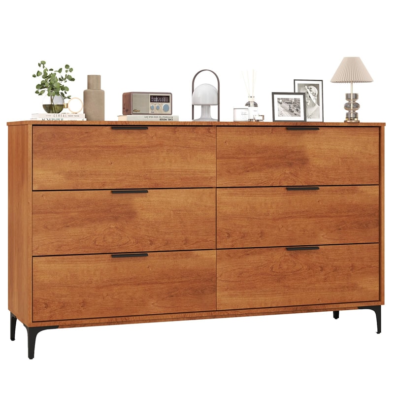 Mid-Century Modern 6-Drawer Dresser, Wooden Chest of Drawers with Anti-Tip Interlock System & Metal Legs for Bedroom, Living Room & Hallway