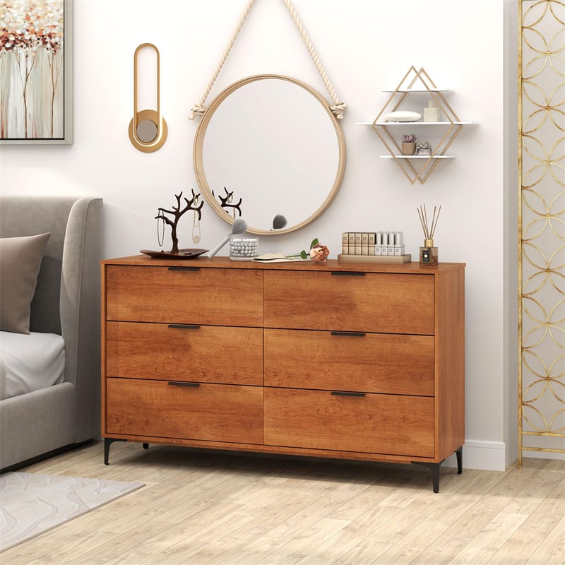 Mid-Century Modern 6-Drawer Dresser, Wooden Chest of Drawers with Anti-Tip Interlock System & Metal Legs for Bedroom, Living Room & Hallway