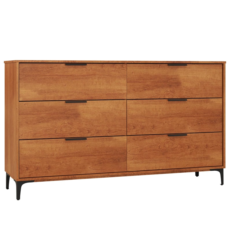 Mid-Century Modern 6-Drawer Dresser, Wooden Chest of Drawers with Anti-Tip Interlock System & Metal Legs for Bedroom, Living Room & Hallway