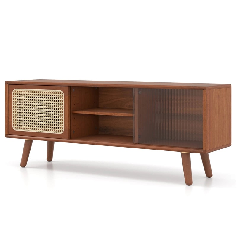 Mid Century Modern TV Stand for TVs up to 55", Bamboo Entertainment Center Media Console with Rattan & Glass Sliding Doors, Adjustable Shelf