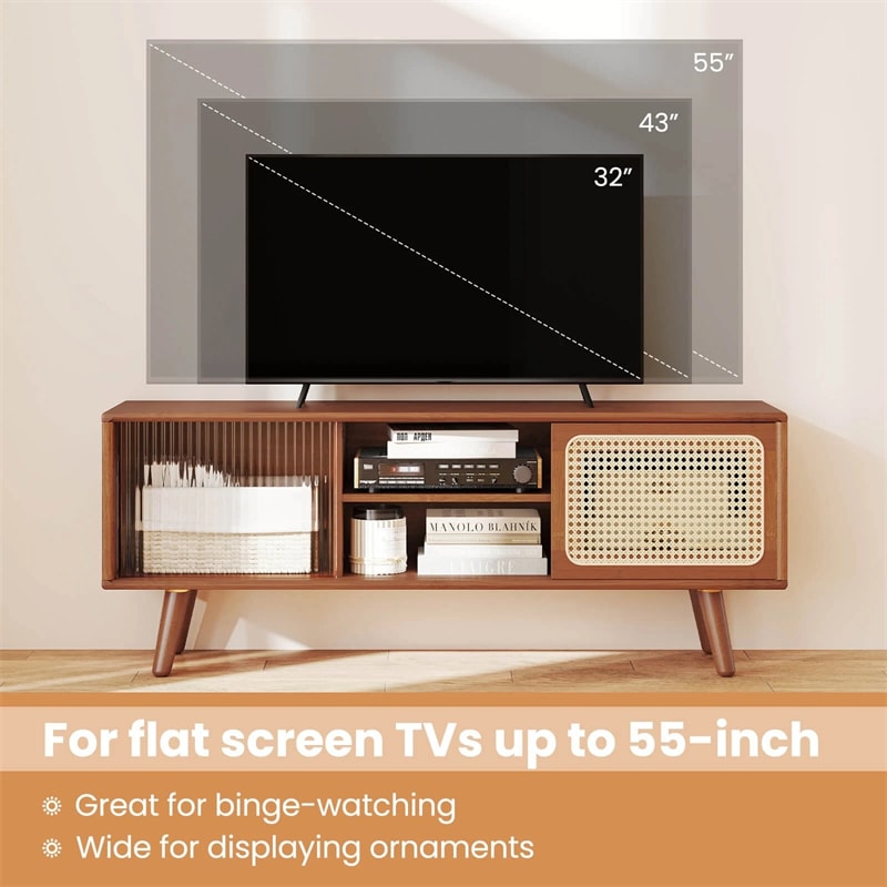 Mid Century Modern TV Stand for TVs up to 55", Bamboo Entertainment Center Media Console with Rattan & Glass Sliding Doors, Adjustable Shelf