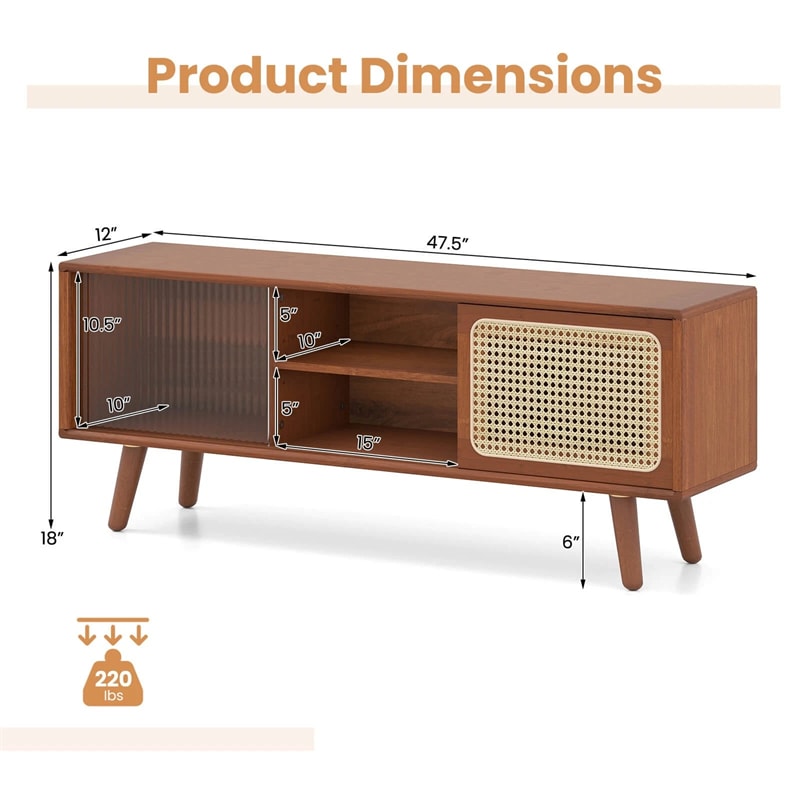 Mid Century Modern TV Stand for TVs up to 55", Bamboo Entertainment Center Media Console with Rattan & Glass Sliding Doors, Adjustable Shelf