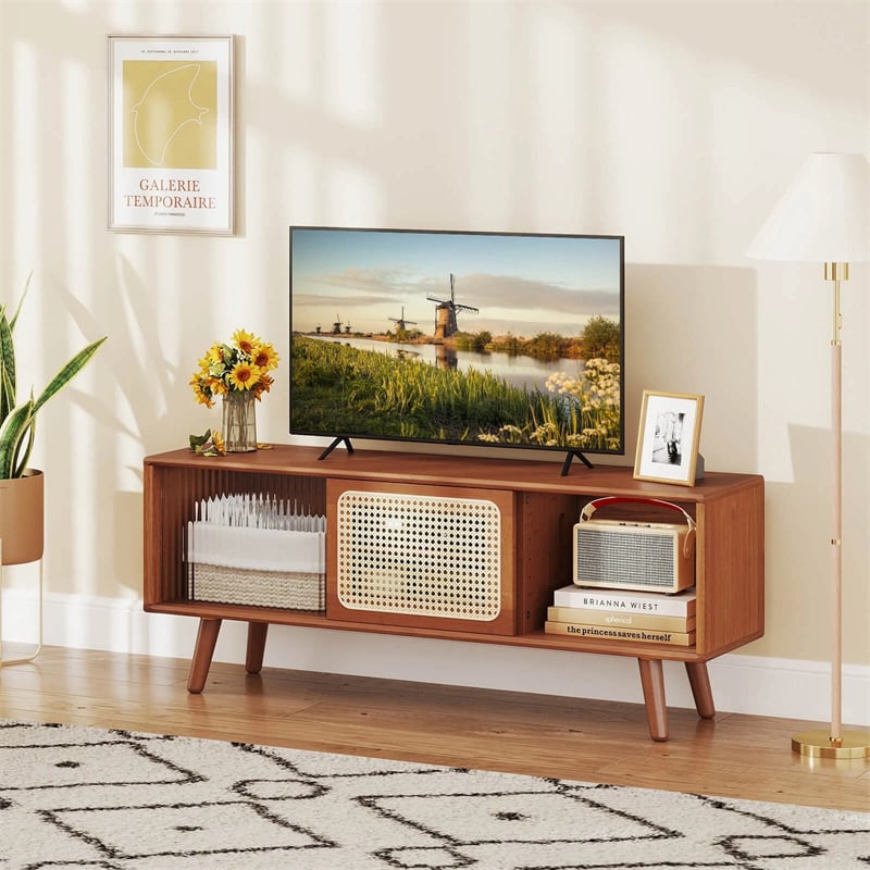 Mid Century Modern TV Stand for TVs up to 55", Bamboo Entertainment Center Media Console with Rattan & Glass Sliding Doors, Adjustable Shelf