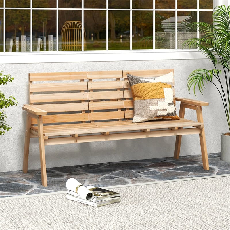 2-3 Person Outdoor Fir Wood Garden Bench with Foldable Middle Table, Backrest & Armrests, Slatted Seat Bench for Patio Porch, Backyard