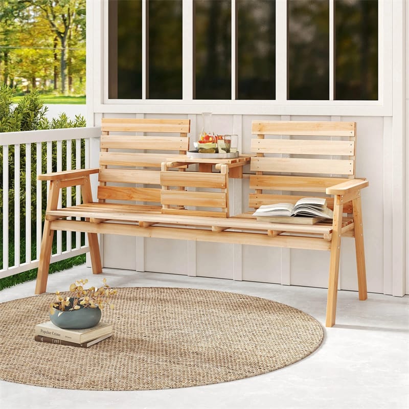 2-3 Person Outdoor Fir Wood Garden Bench with Foldable Middle Table, Backrest & Armrests, Slatted Seat Bench for Patio Porch, Backyard