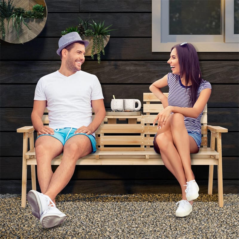 2-3 Person Outdoor Fir Wood Garden Bench with Foldable Middle Table, Backrest & Armrests, Slatted Seat Bench for Patio Porch, Backyard