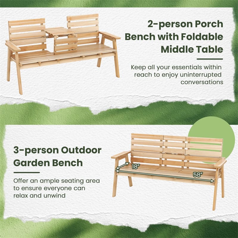 2-3 Person Outdoor Fir Wood Garden Bench with Foldable Middle Table, Backrest & Armrests, Slatted Seat Bench for Patio Porch, Backyard