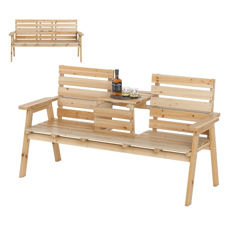 2-3 Person Outdoor Fir Wood Garden Bench with Foldable Middle Table, Backrest & Armrests, Slatted Seat Bench for Patio Porch, Backyard