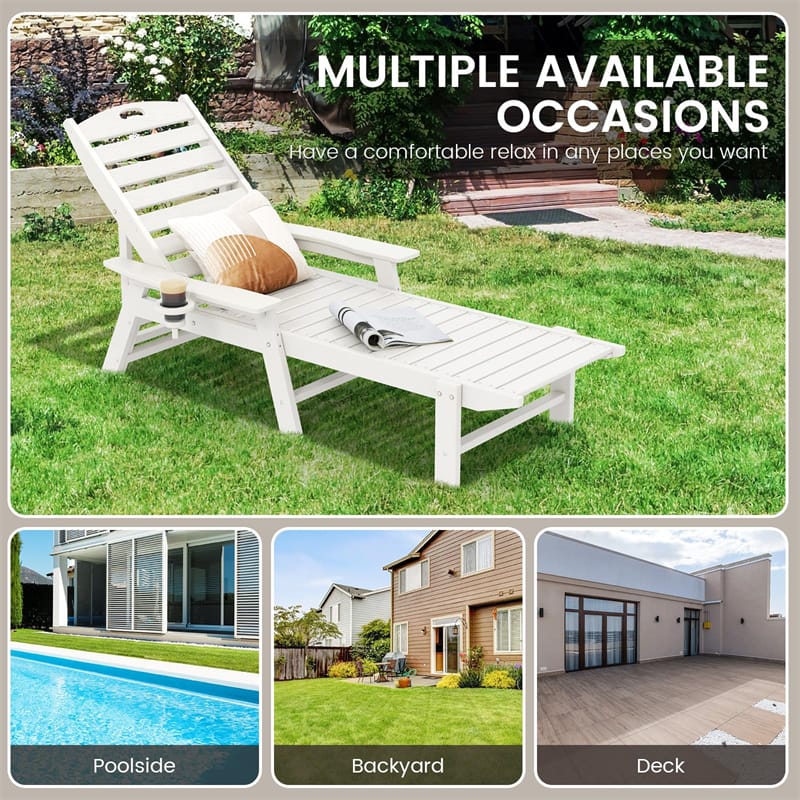 Outdoor Chaise Lounge Chair with 4-Position Backrest & Cup Holder, Weatherproof HDPE Reclining Patio Chair for Poolside, Backyard, Garden