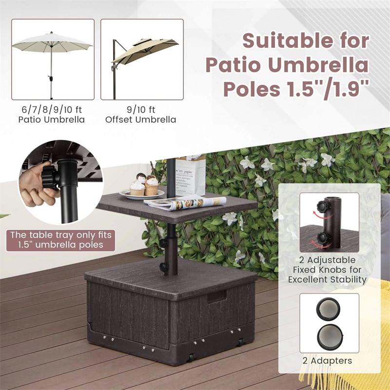 3-in-1 175LBS Outdoor Fillable Umbrella Base with Adjustable Table Tray & Weighted Bag, Wheeled Umbrella Stand for Patio Garden Poolside