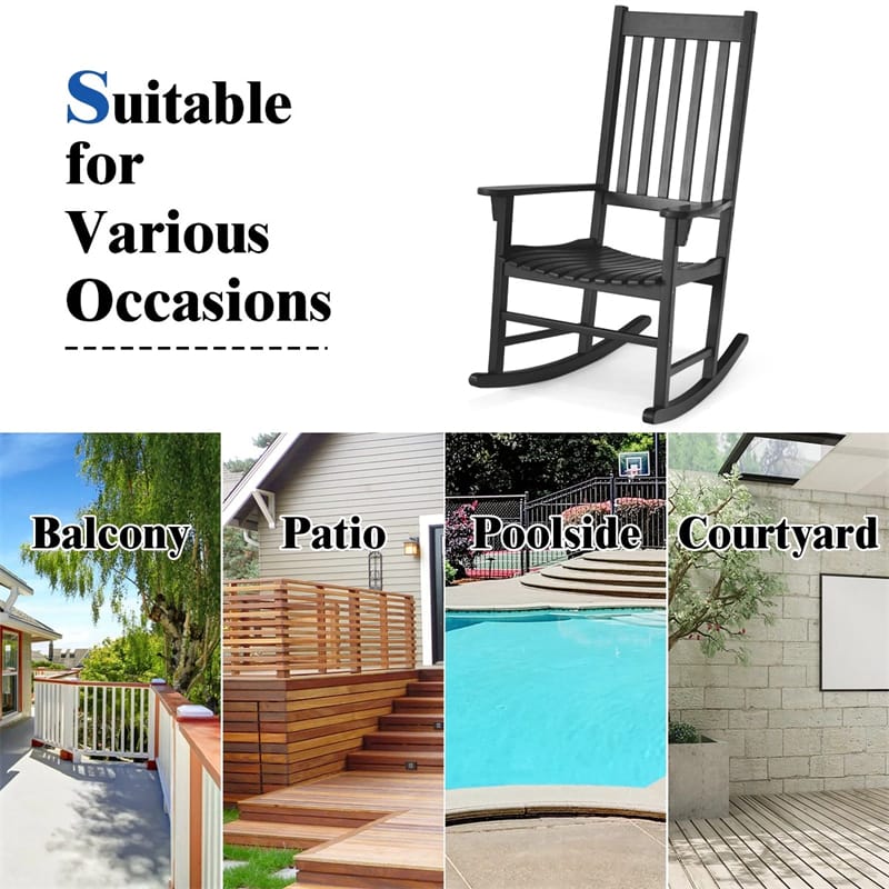 Outdoor Solid Wood Rocking Chair, High Back Porch Rocker Glossy Finish for Patio, Backyard, Balcony, Garden & Indoor Use