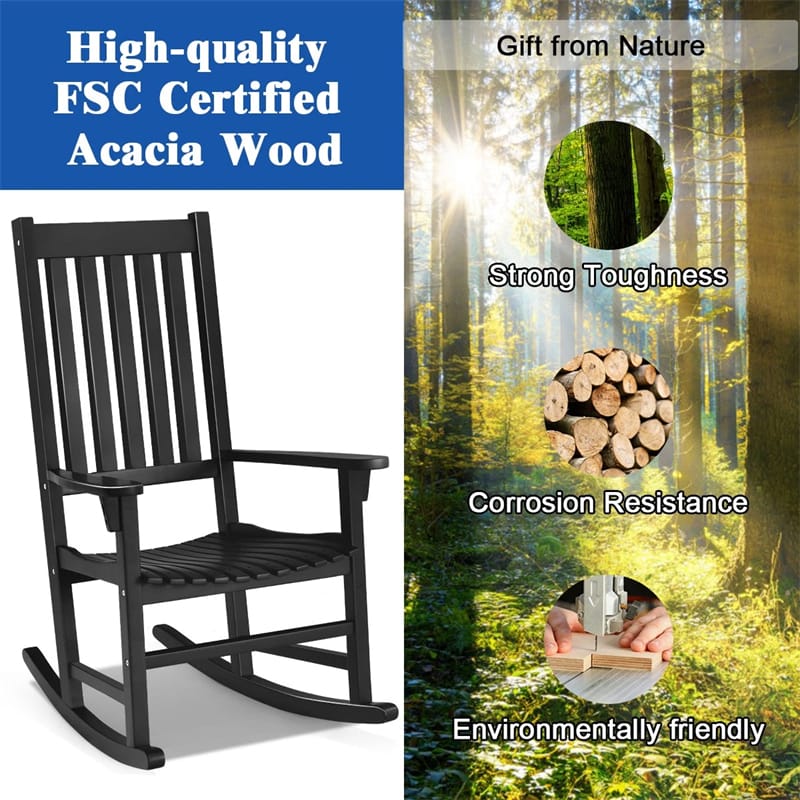 Outdoor Solid Wood Rocking Chair, High Back Porch Rocker Glossy Finish for Patio, Backyard, Balcony, Garden & Indoor Use