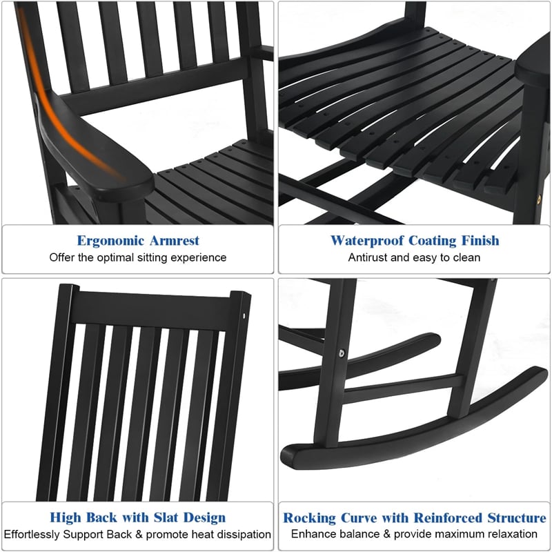 Outdoor Solid Wood Rocking Chair, High Back Porch Rocker Glossy Finish for Patio, Backyard, Balcony, Garden & Indoor Use