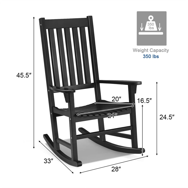 Outdoor Solid Wood Rocking Chair, High Back Porch Rocker Glossy Finish for Patio, Backyard, Balcony, Garden & Indoor Use