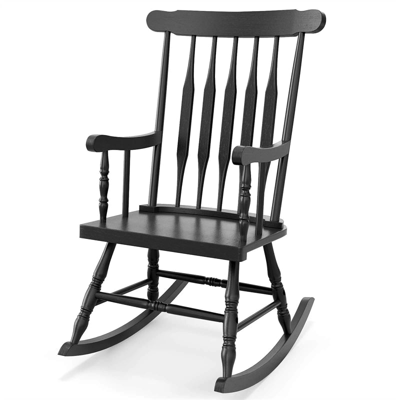 Outdoor Solid Wood Rocking Chair, High Back Porch Rocker Glossy Finish for Patio, Backyard, Balcony, Garden & Indoor Use