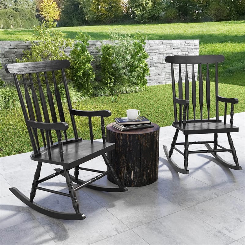 Outdoor Solid Wood Rocking Chair, High Back Porch Rocker Glossy Finish for Patio, Backyard, Balcony, Garden & Indoor Use