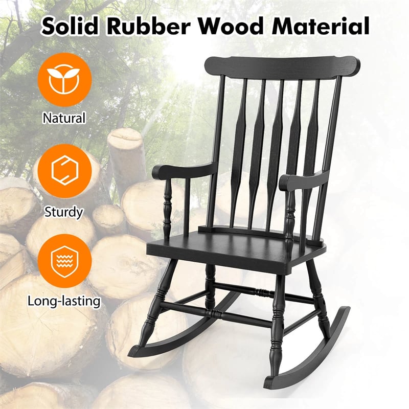 Outdoor Solid Wood Rocking Chair, High Back Porch Rocker Glossy Finish for Patio, Backyard, Balcony, Garden & Indoor Use
