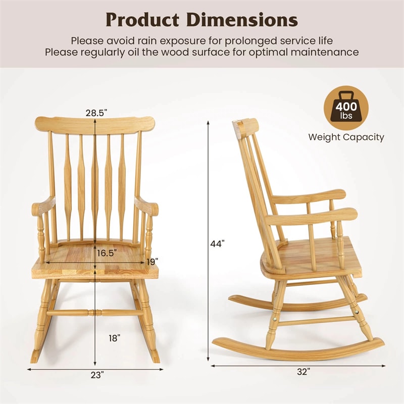 Outdoor Solid Wood Rocking Chair, High Back Porch Rocker Glossy Finish for Patio, Backyard, Balcony, Garden & Indoor Use