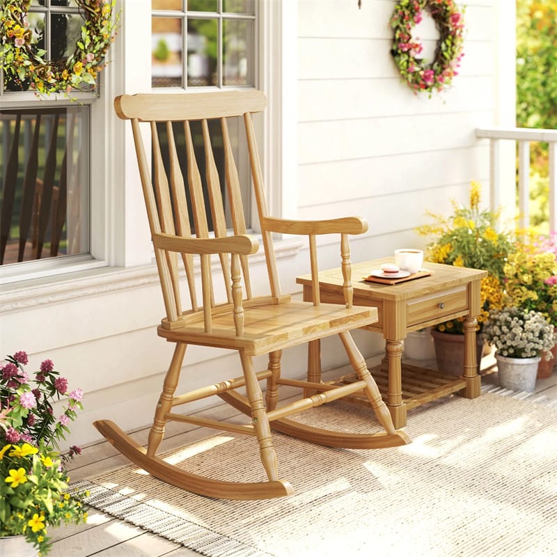 Outdoor Solid Wood Rocking Chair, High Back Porch Rocker Glossy Finish for Patio, Backyard, Balcony, Garden & Indoor Use